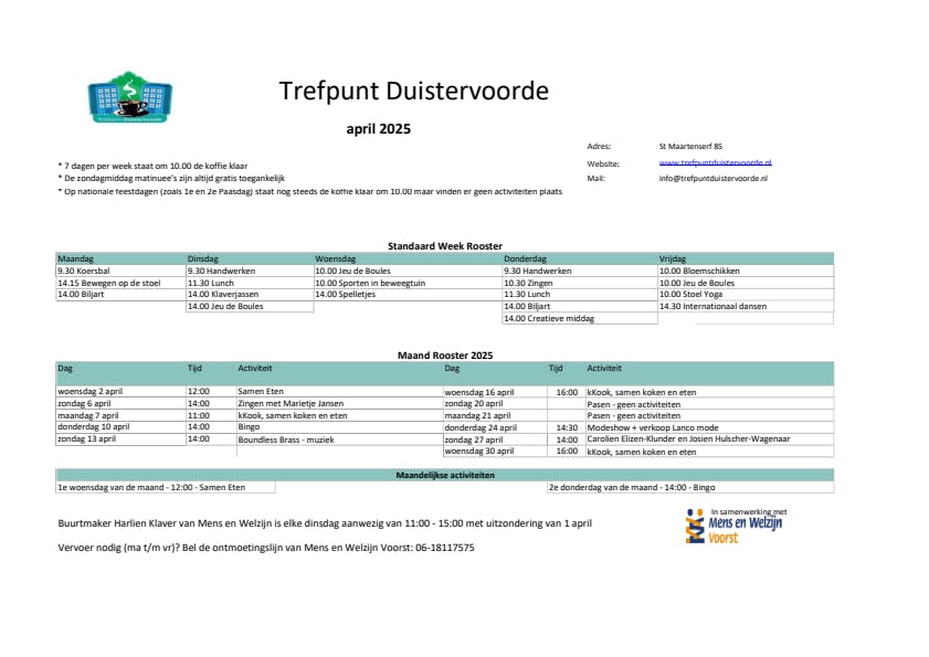Maandkalender Trefpunt Duistervoorde van April 2025