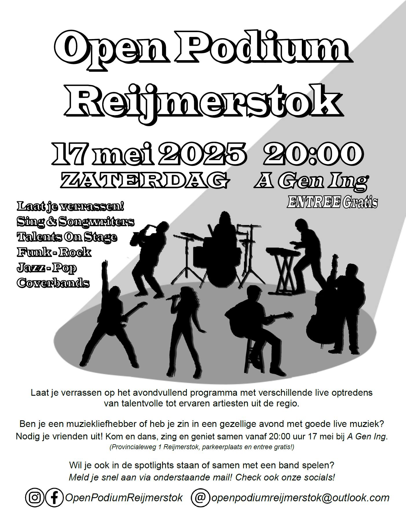 GRATIS TOEGANG 17 mei 2025 vanaf 20:00 live muziekspektakel in Reijmerstok