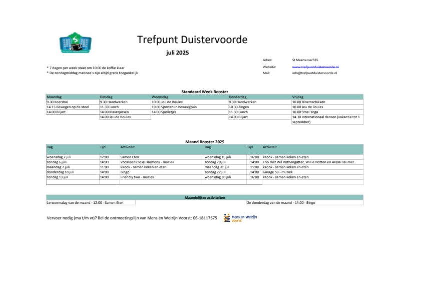 Maandkalender Trefpunt Duistervoorde van Juli 2025