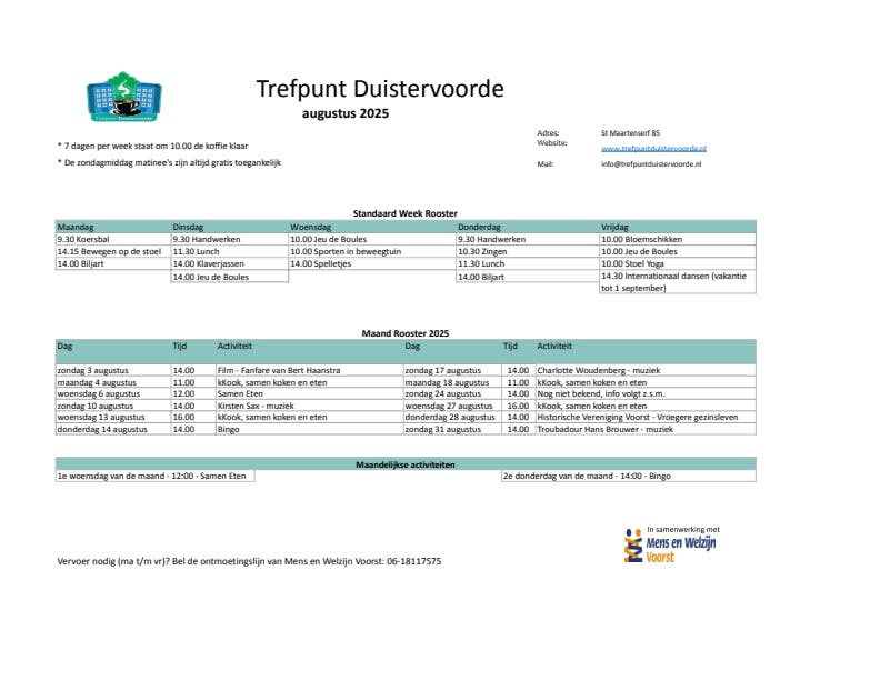 Maandkalender Trefpunt Duistervoorde van Augustus 2025