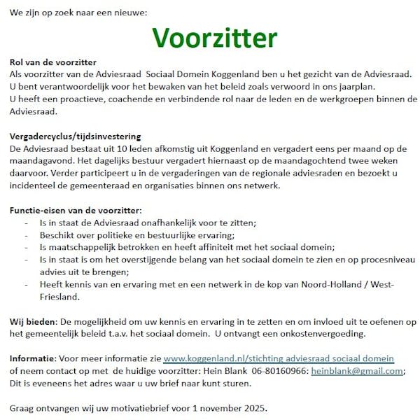 Voorzitter gevraagd