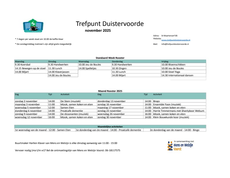 Maandkalender Trefpunt Duistervoorde van November 2025