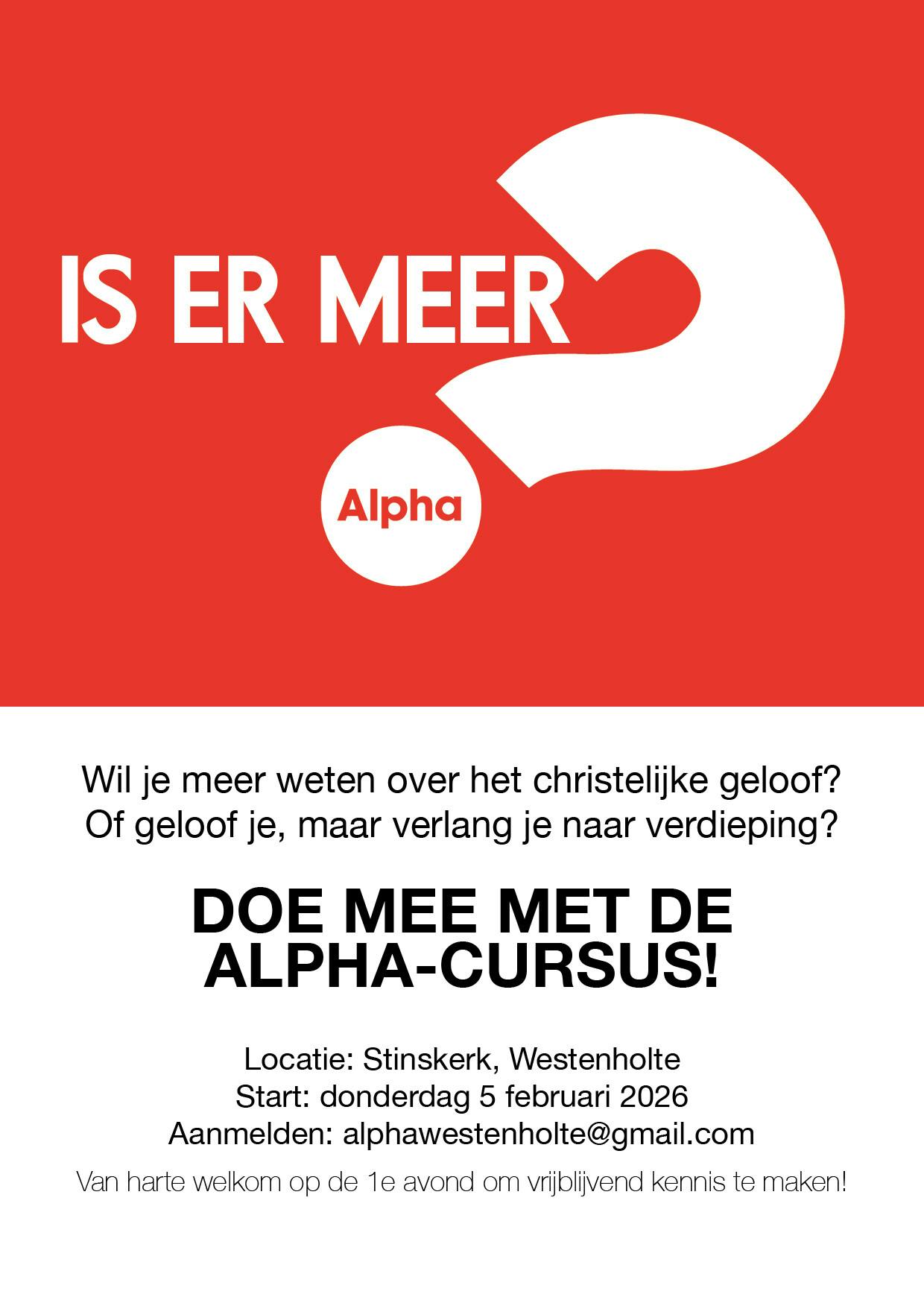 Uitnodiging: Alpha-cursus Westenholte, vanaf 5 februari 2026 in de Stinskerk