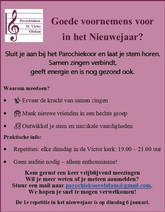 !!Kom in het Nieuwjaar Zingen bij het Parochiekoor!!