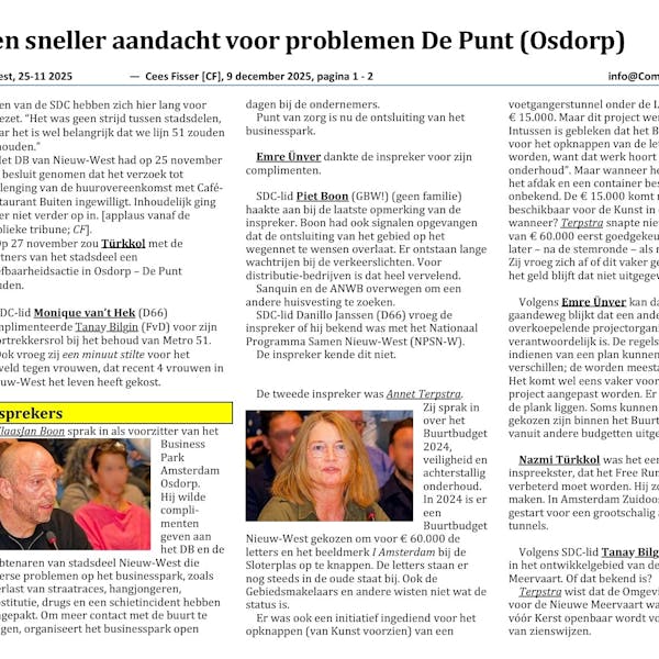 Inspreker vraagt meer en sneller aandacht voor problemen De Punt (Osdorp)