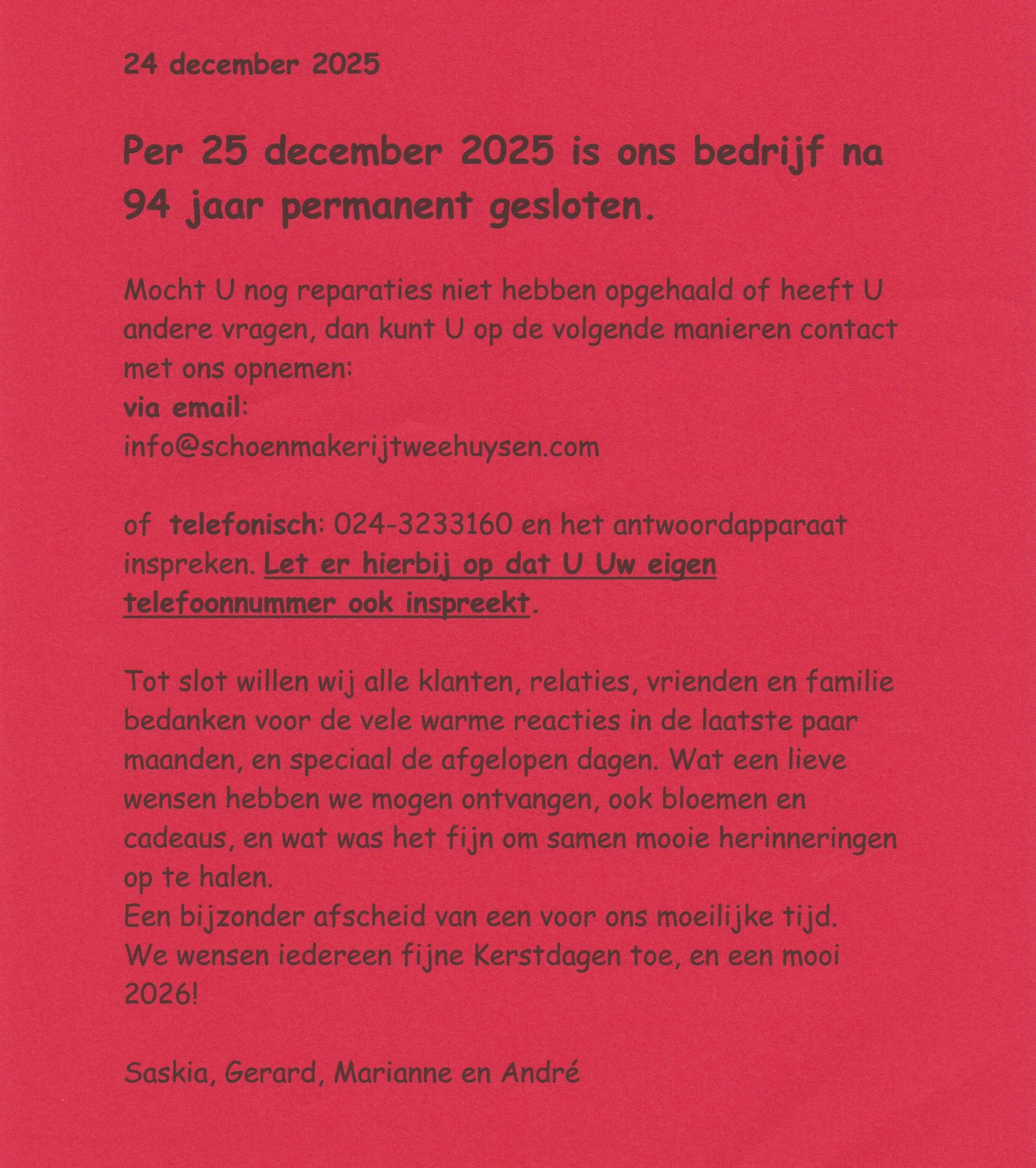 Schoenmakerij Tweehuysen is na 94 jaar gesloten