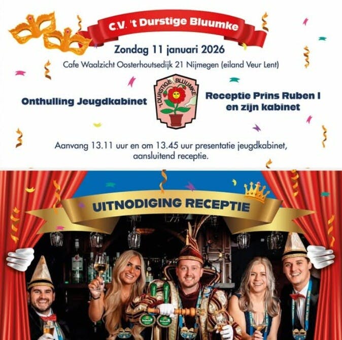 CV 't Durstige Bluumke: onthulling jeugdkabinet en receptie prins Ruben I en zijn kabinet