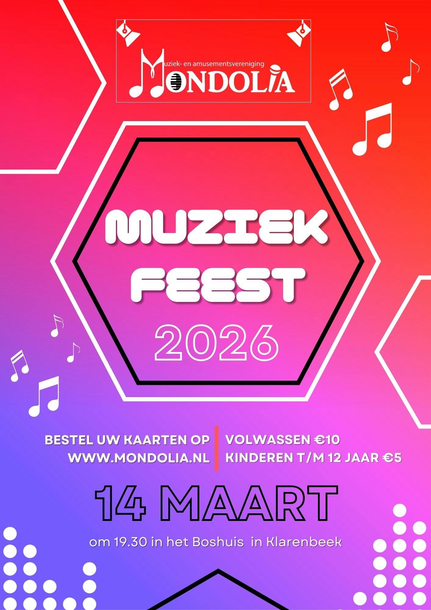 Jaarlijks muziekfeest Mondolia 14 maart 2026  in het Boshuis Klarenbeek